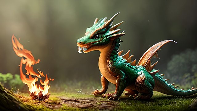 award winning photo of a cute little dragon spitting fire in a forest  intricate realistic details  amazing atmosphere