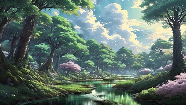 breathtaking anime painting of a little forest in an anime or manga style  manga  in the open with astonishing clouds
