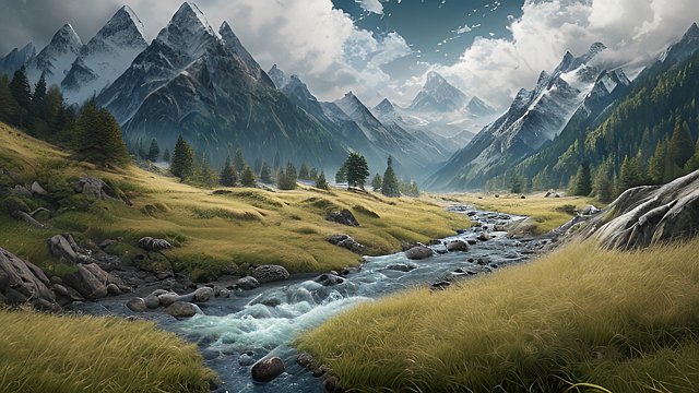 award winning awesome quality mesmerizing photo of mountains and rivers, intricate realistic details, in a grass field, intricate realistic details, amazing clouds