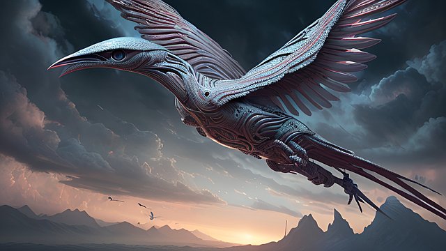 award winning photo of an extraterrestrial bird  intricate realistic details  amazing clouds