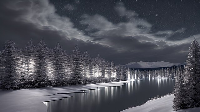 award winning night shot of a snowy lake  high contrast  intricate realistic details  breathtaking clouds