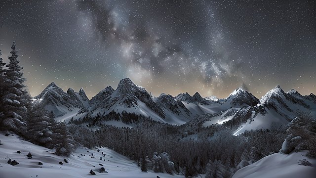 4k breathtaking photo of a snowy forest mountains  night starry sky  milky way  intricate realistic details