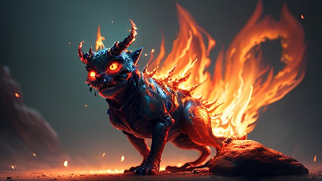 a cute little demon with fire around
