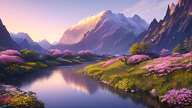 A beautiful landscape with mountains  a river and flowers