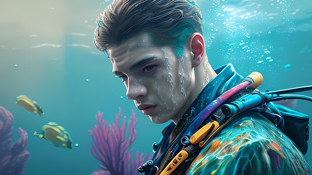 breathtaking colorful painting of a boy underwater, intricate details