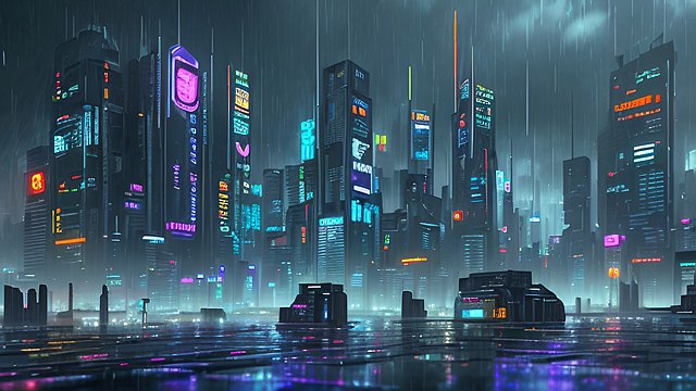 cyberpunk city under rain, intricate realistic details, breathtaking atmosphere, dark contrast
