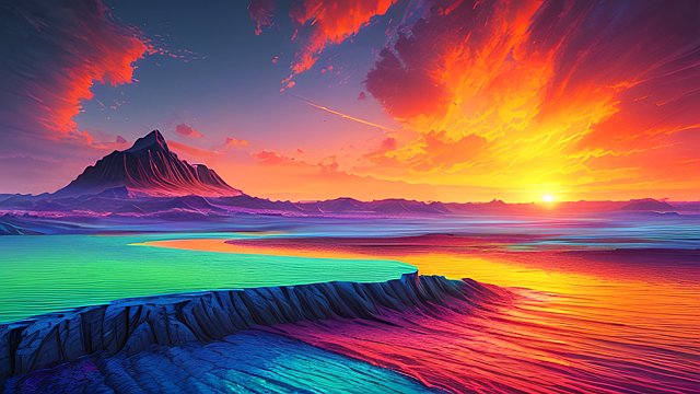hyperrealistic, vibrant, photorealistic image of an epic, vast, colorful sunset