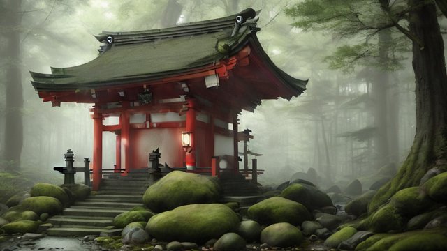little shrine in a forest, japan, award winning painting