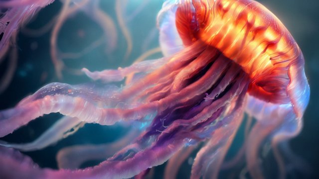 breathtaking photo of a jellyfish in the deep sea, realistic, award winning shot, reflections, intricate details