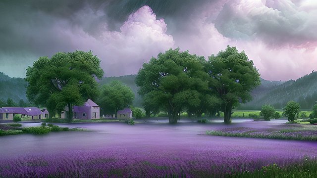 award winning purple colors of a the rain in the countryside, intricate realistic details, breathtaking clouds