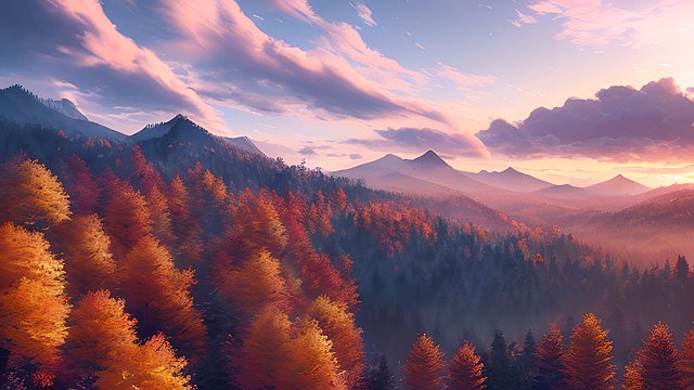 the most breathtaking photo of autumn forest mountain  intricate realistic details  sunset shades  amazing anime clouds