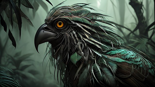 award winning portrait of a mesmerizing creepy bird in a dark jungle  intricate realistic details