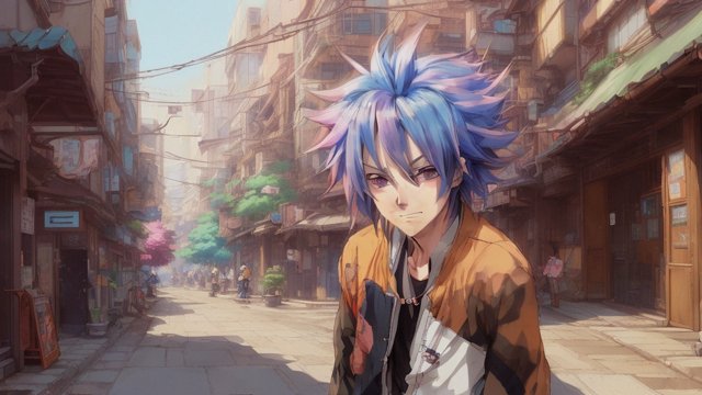 anime male character in a japanese anime street, colorful hairs, anime drawing and anime eyes and anime face, anime manga style
