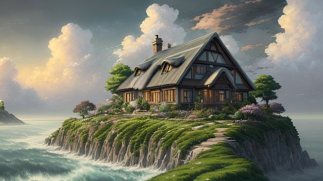 breathtaking anime painting of a cottage in an anime or manga style  manga  in the open with astonishing clouds