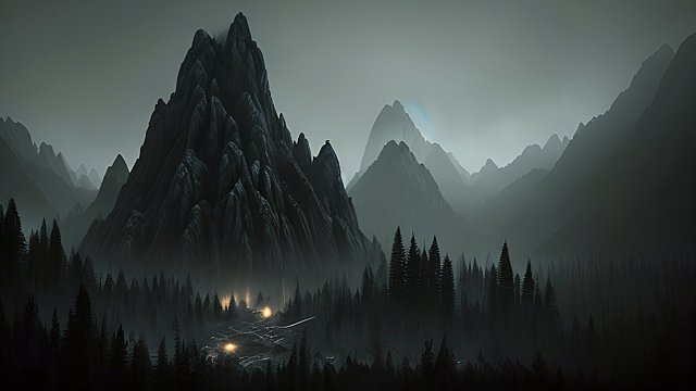 forest mountains, dark atmosphere, black