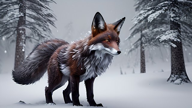4k breathtaking photo of a dark brown fox in snowy forest mountains, blizzard, intricate realistic details