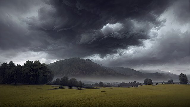 award winning shot of a countryside  intricate realistic details  photorealistic  breathtaking dark clouds