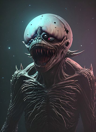 a creepy monster floating in space 