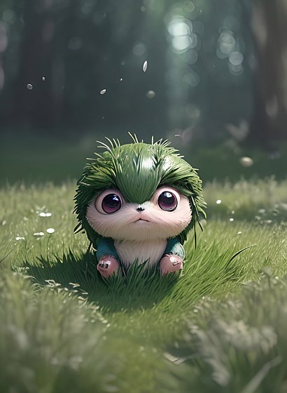 a cute little whimsical creature in grass, in a forest