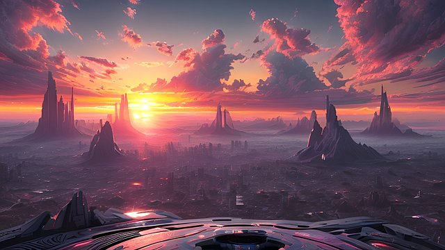 Futuristic sunrise - high-resolution, ultra-detailed, 3D, vivid colors, hyper-realistic, photorealistic