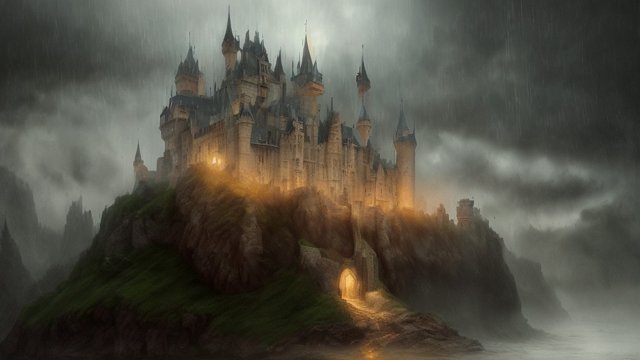breathtaking painting of a castle under sad rain, intricate realistic details