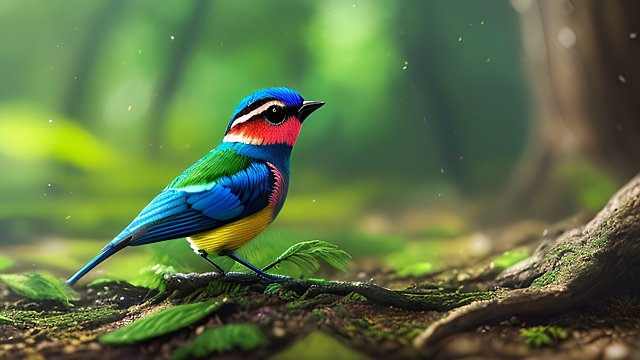 award winning photo of a colorful mesmerizing small bird in a forest  intricate realistic details  amazing clouds