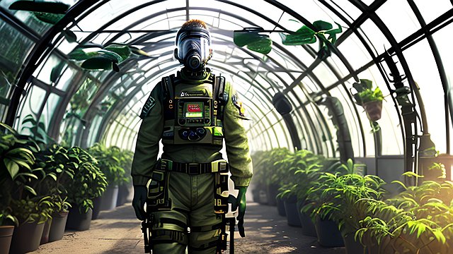 CBRN defense worker in a greenhouse