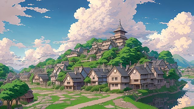 breathtaking anime painting of a village in an anime or manga style  manga  in the open with astonishing clouds