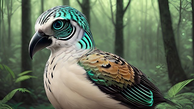 mesmerizing award winning portrait of a breathtaking bird in a forest, absolute masterpiece, intricate details, ultradetailed background