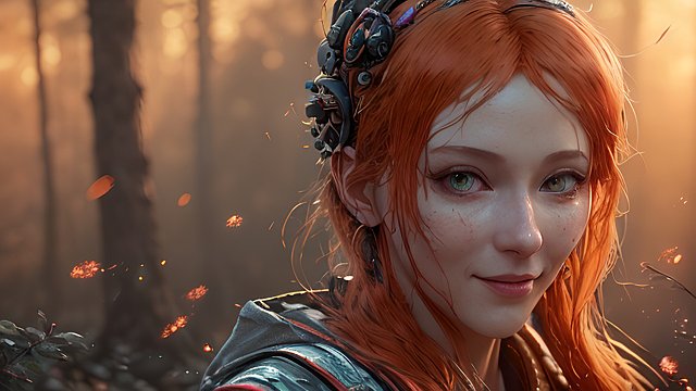 the most breathtaking award winning amazing 4k uhd detailed fascinating anime portrait of happy russian woman in a forest during sunset, intricate realistic details, dark orange shades
