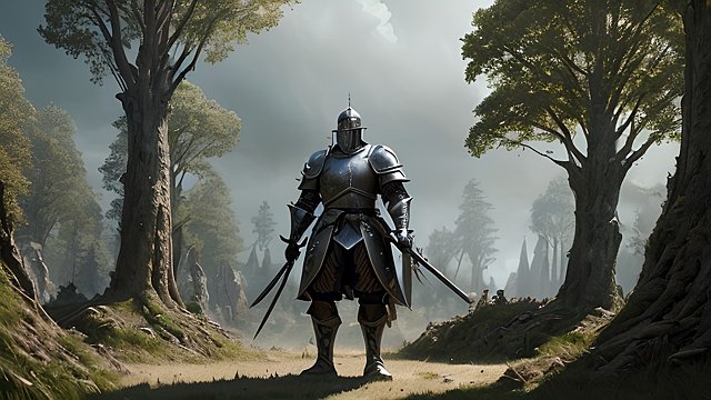 a gigantic soldier with a medieval armor  amazing trees landscape background