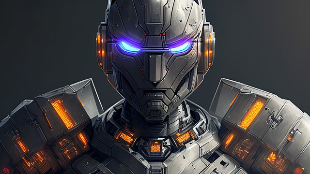 portrait humanoid armored robot, dark background, intricate details