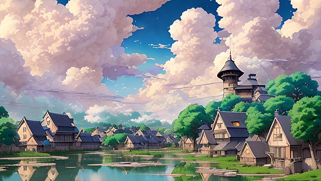 breathtaking anime painting of a village in an anime or manga style  manga  in the open with astonishing clouds