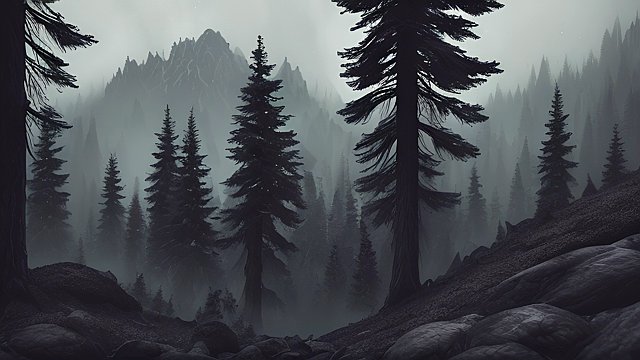 forest mountains, dark atmosphere, high contrast