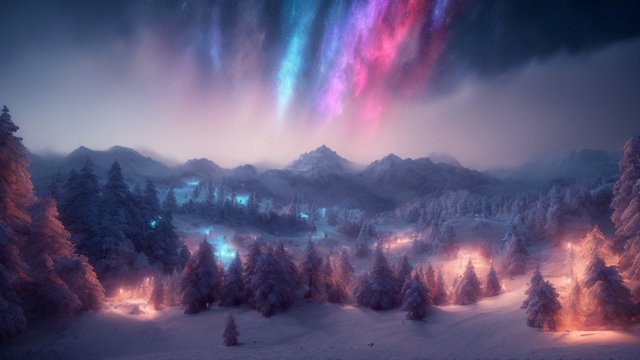4k breathtaking night snowy landscape with a nebulae  colorful  intricate realistic details
