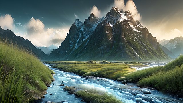 award winning mesmerizing ultrarealistic photo of mountains and rivers, intricate realistic details, in a grass field, intricate realistic details, amazing clouds