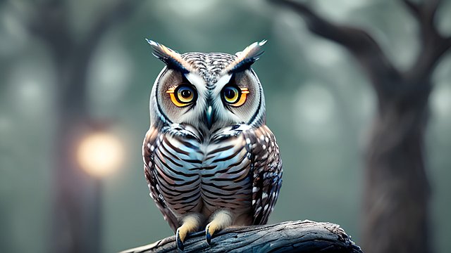 award winning photo of a mesmerizing owl on a tree at night, intricate realistic details