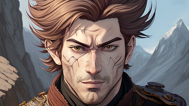 cartoon portrait drawing of a male swordsman in the mountains, drawing, cell shading, painting, soft style