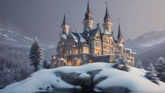 the most breathtaking award winning amazing 4k uhd detailed fascinating photo of a small european castle in snowy mountains  intricate realistic details