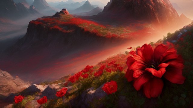 breathtaking shot of a red flower on a mountain  fantasy background