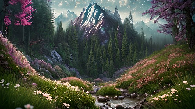 the most beautiful breathtaking fascinating photo of forest mountain  intricate realistic details