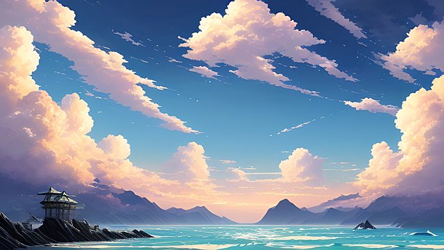breathtaking anime painting of a shore in an anime or manga style, manga, in the open with astonishing clouds