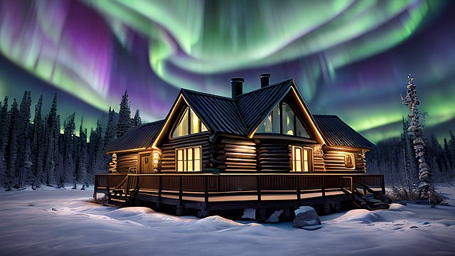 photorealistic mesmerizing award winning cabin under northern lights