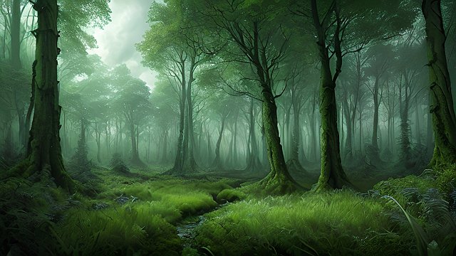 award winning photo of a mesmerizing dark green forest, intricate realistic details, amazing clouds