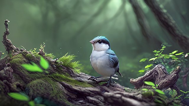award winning photo of a mesmerizing small bird in a forest  intricate realistic details  amazing clouds