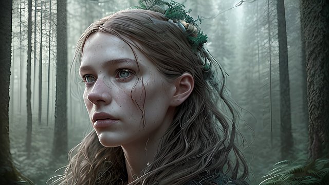 award winning portrait of a person in forest  intricate realistic details  amazing clouds