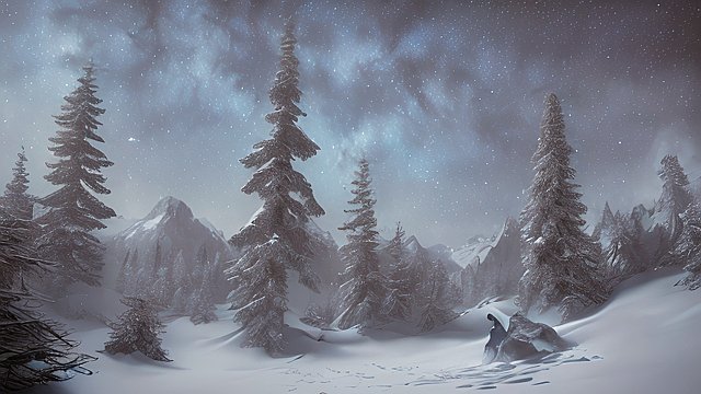 4k breathtaking photo of a ghost in snowy forest mountains  night starry sky  milky way  intricate realistic details