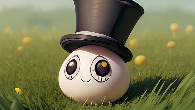 a cute little egg with two eyes with a top hat in grass