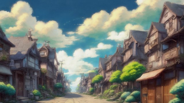 breathtaking anime painting of a little street in an anime or manga style, manga, in the open with astonishing clouds