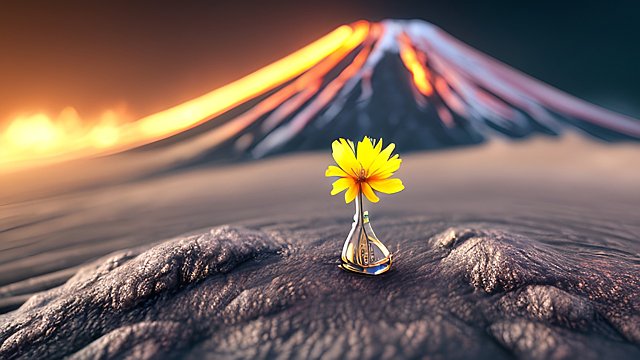 breathtaking award winning 4k uhd photo of a tiny flower on a volcano, intricate realistic details
